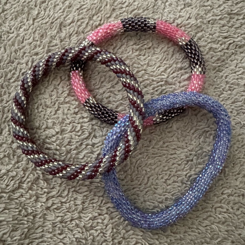 Beaded Bracelets Set in Pink, Purple, and Blue